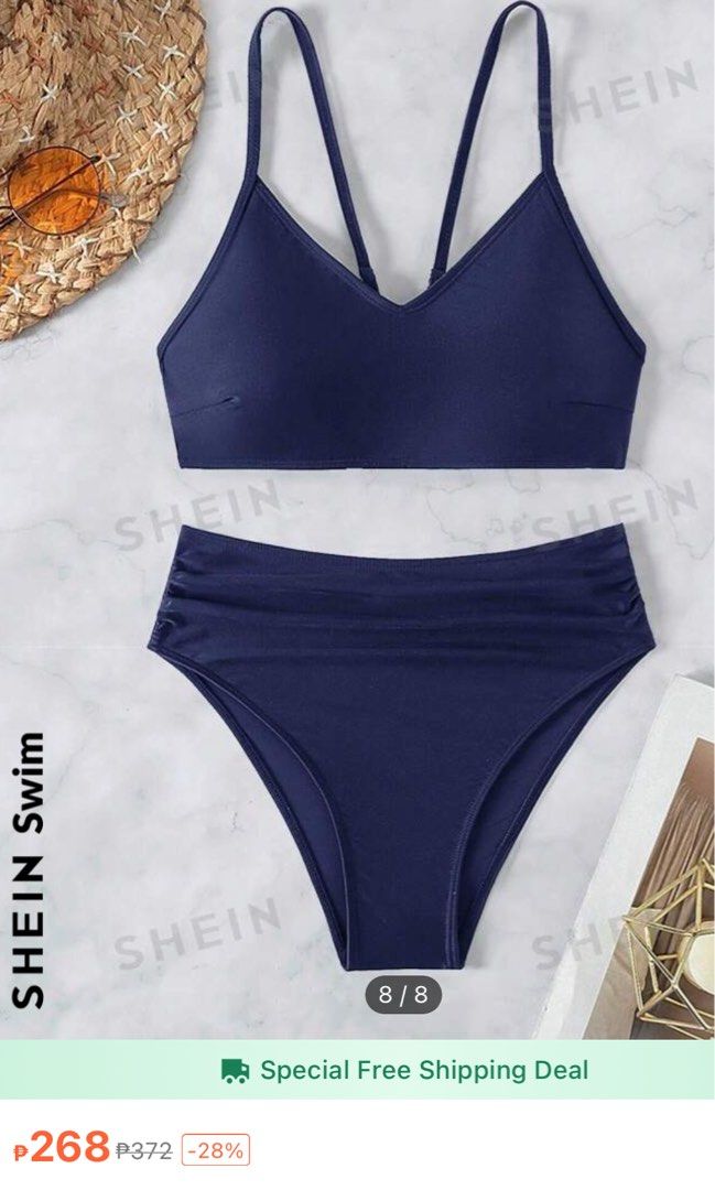 SHEIN Navy Blue Bikini Swimsuit (Category: Bikinis & Swimsuits) located in Taguig. Submitted by ooshk (Listing ID 1319347238, Image 3). Description: Brand new opened and fitted lang yung top Size chart in the photos .