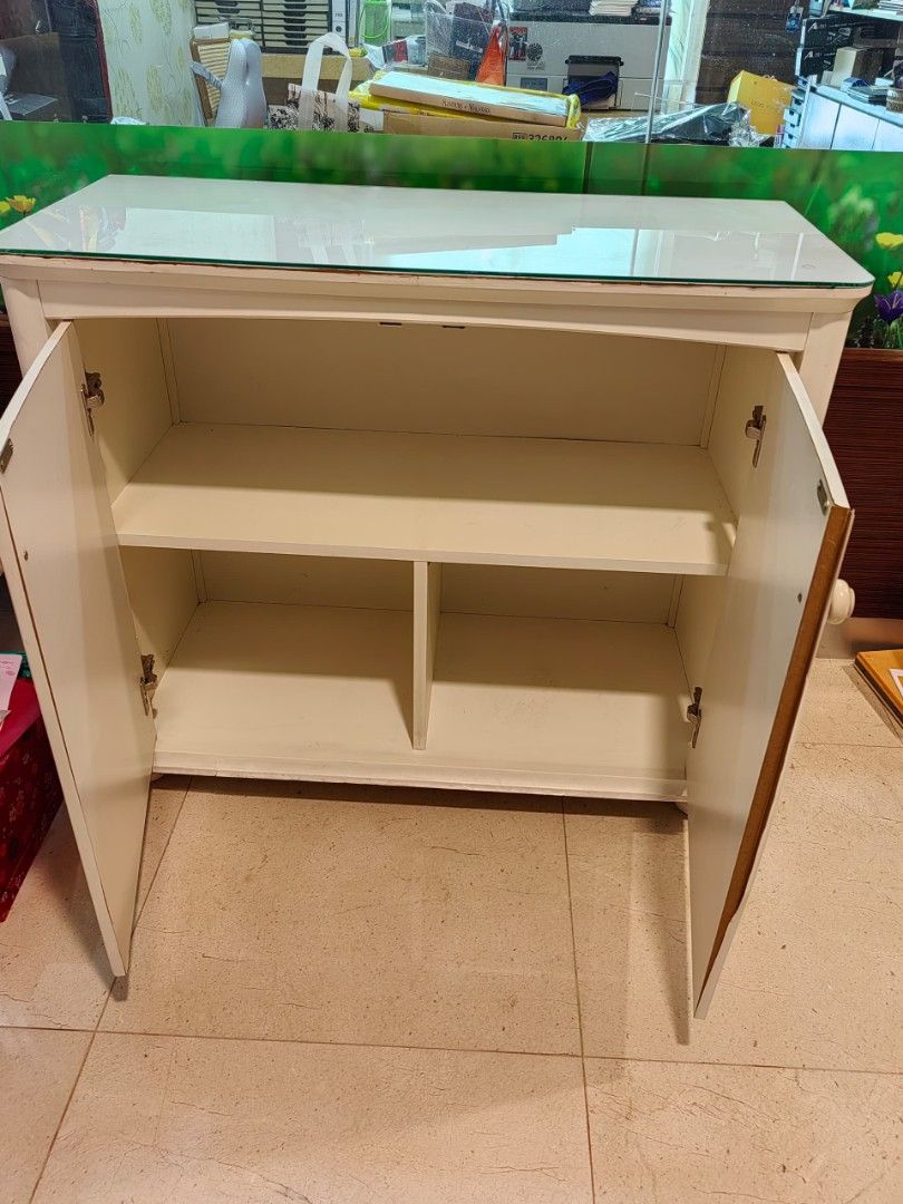 Wood Cabinets cream color with a layer of glass topping, Furniture ...