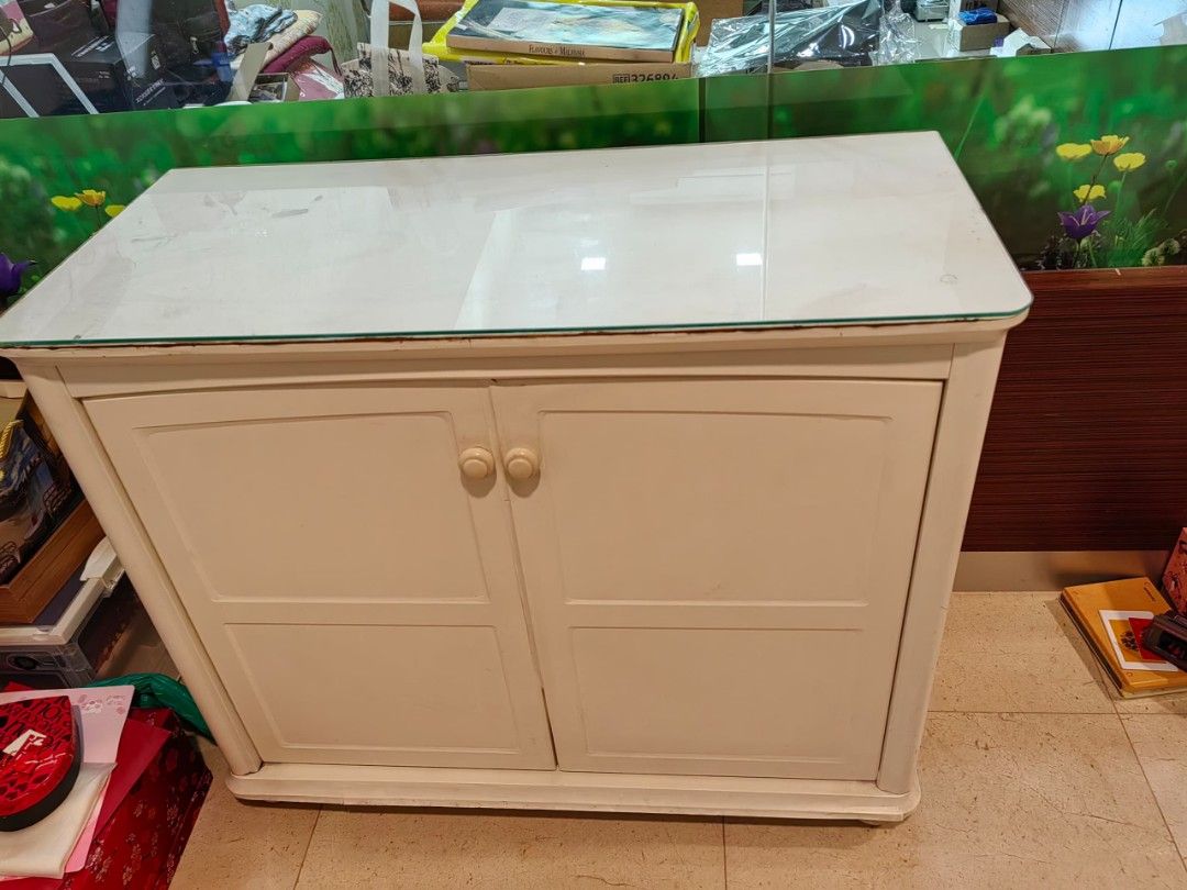 Wood Cabinets cream color with a layer of glass topping, Furniture ...