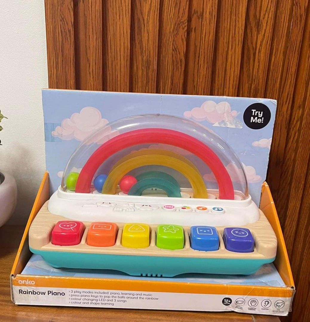 anko rainbow piano (Category: Musical Instruments) located in Manila. Submitted by ormelynmal86309 (Listing ID 1319534431, Image 1). Description: anko rainbow piano Dimensions/Size: 20cm (H) x 27cm (W) x 14cm (D) Material: Piano base and rainbows: Plastic (polypropylene (PP)) Piano keys and transparent rainbow cover: Plastic (Acrylonitrile butadiene styrene (ABS)) Blow mould balls: Plastic (low density polyethylene (LDPE)) Wires and speaker: Copp