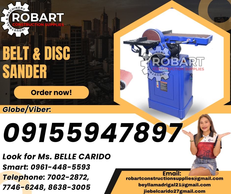 Belt & Disc Sander (Category: Construction Tools & Equipment) located in Manila. Submitted by bellarobart (Listing ID 1319574353, Image 1). Description: Belt & Disc Sander Brand: Torq Disc: 10" Price: 28,000 Disc: 9" Price: 37,000 𝑹𝑶𝑩𝑨𝑹𝑻 𝑪𝑶𝑵𝑺𝑻𝑹𝑼𝑪𝑻𝑰𝑶𝑵 𝑺𝑼𝑷𝑷𝑳𝑰𝑬𝑺 Office Address: 1405 Yuseco St. Sta Cruz Manila SEND US MESSAGE FOR INQUIRIES ‼️ ‼️ Glb/Vibr: 0915-594-7897 Smrt: 0961-448-5593 Landline: (7746-6248 / 7002-2872) 𝓛