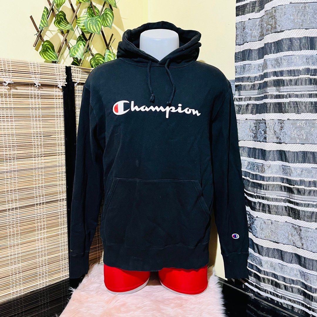 CHAMPION PRINTED PULLOVER SWEATSHIRT HOODIE JACKET VINTAGE BLACK 2XL XXL 23x27 WITH DISCOLORATION