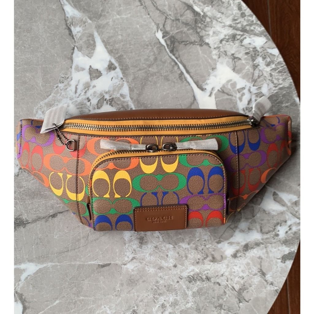 Coach Track Belt Bag In Rainbow Signature Canvas Women Men Crossbody Sling Waist Bag