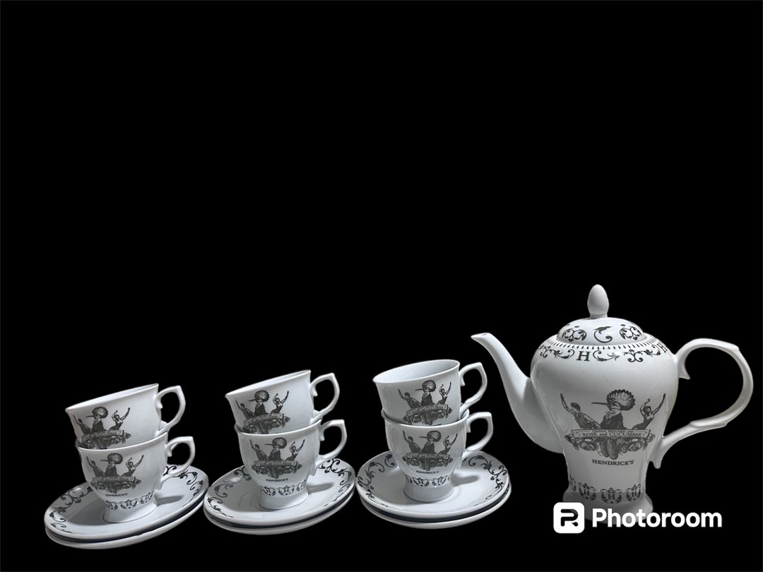 Hendricks gin tea pot with cups and sucers