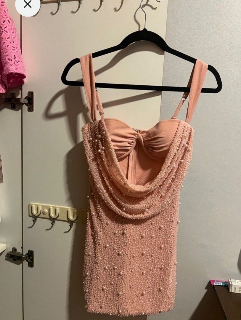 Oh Polly Cap D Ail Low Cowl Neck Embellished Mini Dress in Rose FIXED PRICE Women s Fashion Dresses Sets Dresses on Carousell