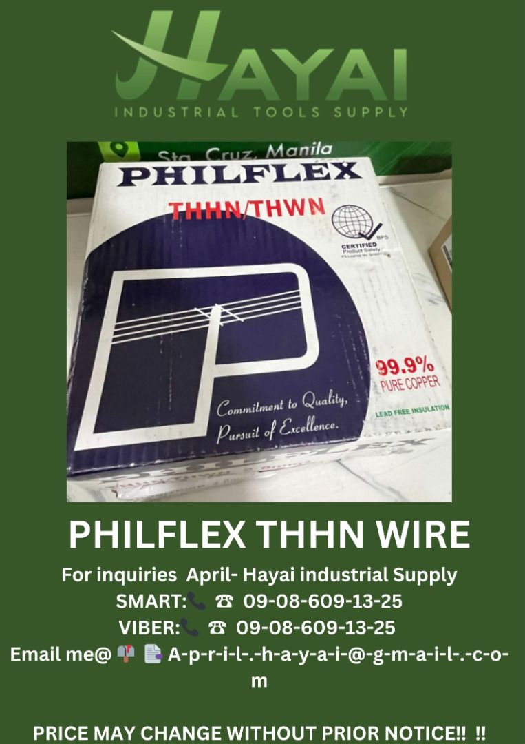 Philflex THHN wire (Category: Construction Tools & Equipment) located in Caloocan City. Submitted by aprilv96843328 (Listing ID 1319559685, Image 1). Description: Philflex THHN wire Specs: 2.0mm2x 150 meters PRICE: 3,970 For inquiries April- Hayai industrial Supply 📞 ☎ 0-9-0-8-6-0-9-1-3-2-5 Email me@ 📫 📑 A-p-r-i-l-.-h-a-y-a-i-@-g-m-a-i-l-.-c-o-m PRICE MAY CHANGE WITHOUT PRIOR NOTICE!!! .