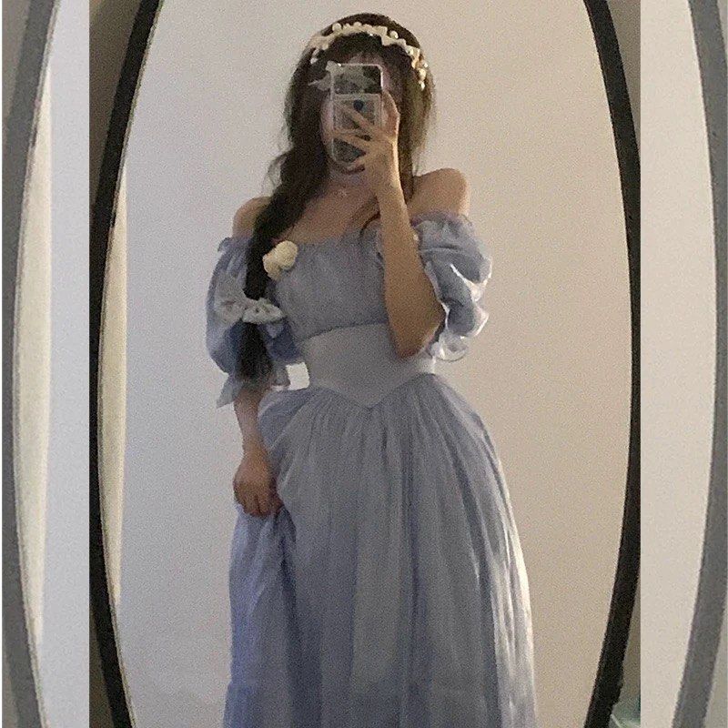 PO blue ruffles dress coquette style cute with matching removal white roses with a corset back PO blue ruffles dress coquette style cute with matching removal white roses with a corset back