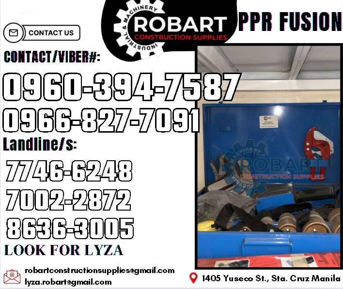 PPR Fusion Machine (Category: Construction Tools & Equipment) located in Manila. Submitted by lyzarobart11 (Listing ID 1319605001, Image 1). Description: PPR Fusion Machine Brand: Prime 𝑹𝑶𝑩𝑨𝑹𝑻 𝑪𝑶𝑵𝑺𝑻𝑹𝑼𝑪𝑻𝑰𝑶𝑵 𝑺𝑼𝑷𝑷𝑳𝑰𝑬𝑺 𝒪𝒻𝒻𝒾𝒸𝑒 𝒜𝒹𝒹𝓇𝑒𝓈𝓈: 𝟣𝟦𝟢𝟧 𝒴𝓊𝓈𝑒𝒸𝑜 𝒮𝓉. 𝒮𝓉𝒶 𝒞𝓇𝓊𝓏 𝑀𝒶𝓃𝒾𝓁𝒶 ꜱᴇɴᴅ ᴜꜱ ᴍᴇꜱꜱᴀɢᴇ ꜰᴏʀ ɪɴQᴜɪʀɪᴇꜱ ‼️ ‼️ ɢʟᴏʙᴇ: (0966-827-7091) ꜱᴍʀᴛ - (0960-394-7587) ᴠɪʙʀ - (0960-394-7587) ʟᴀɴᴅʟɪɴᴇ: (8636-ʟᴏ