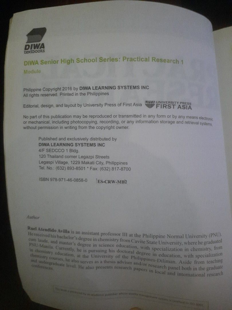 Practical Research 1 (Category: Textbooks) located in Quezon City. Submitted by mmamma.mi.a. (Listing ID 1319578441, Image 2). Description: Diwa Senior High School Series author Ruel.Atendido Avilla gcash payment.