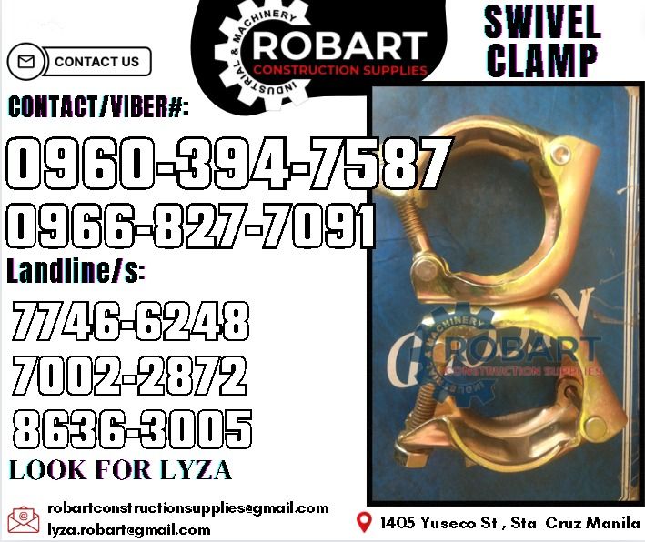 Swivel Clamp (Category: Construction Tools & Equipment) located in Manila. Submitted by lyzarobart1999 (Listing ID 1319538227, Image 1). Description: Swivel Clamp Size: 2 x 2 𝑹𝑶𝑩𝑨𝑹𝑻 𝑪𝑶𝑵𝑺𝑻𝑹𝑼𝑪𝑻𝑰𝑶𝑵 𝑺𝑼𝑷𝑷𝑳𝑰𝑬𝑺 𝒪𝒻𝒻𝒾𝒸𝑒 𝒜𝒹𝒹𝓇𝑒𝓈𝓈: 𝟣𝟦𝟢𝟧 𝒴𝓊𝓈𝑒𝒸𝑜 𝒮𝓉. 𝒮𝓉𝒶 𝒞𝓇𝓊𝓏 𝑀𝒶𝓃𝒾𝓁𝒶 ꜱᴇɴᴅ ᴜꜱ ᴍᴇꜱꜱᴀɢᴇ ꜰᴏʀ ɪɴQᴜɪʀɪᴇꜱ ‼️ ‼️ ɢʟᴏʙᴇ: (0966-827-7091) ꜱᴍʀᴛ - (0960-394-7587) ᴠɪʙʀ - (0960-394-7587) ʟᴀɴᴅʟɪɴᴇ: (8636-ʟᴏᴏᴋ ꜰᴏʀ ʟʏᴢᴀ