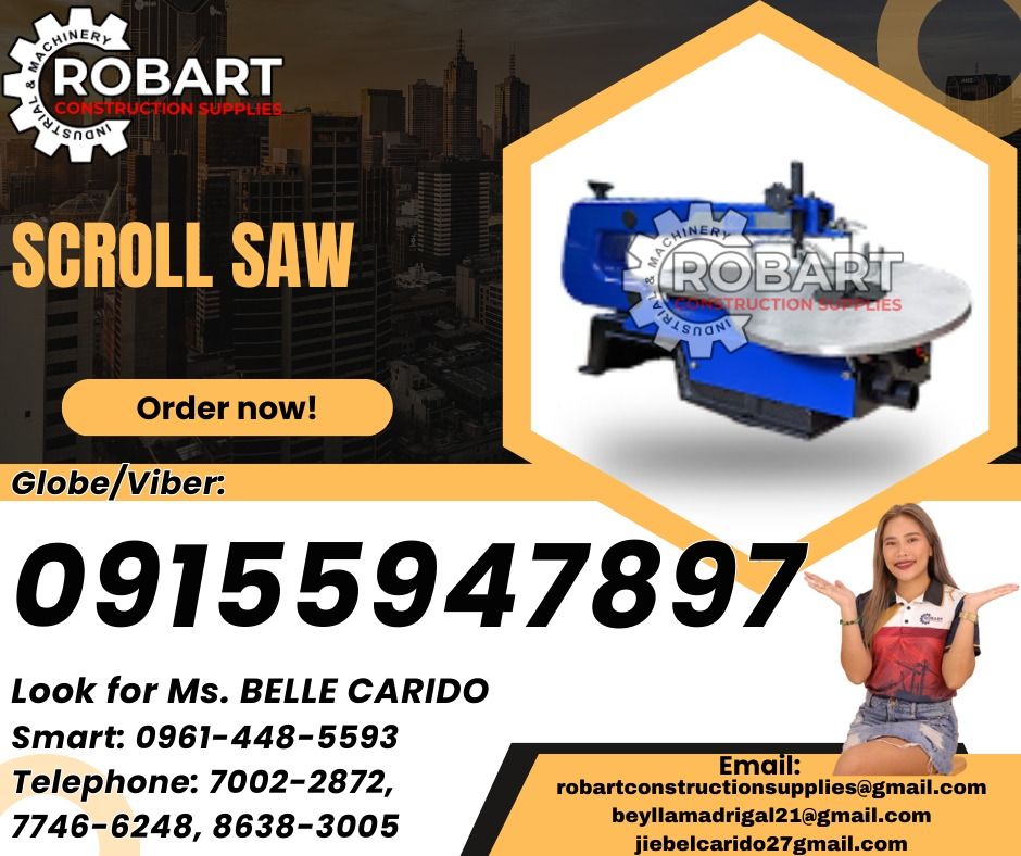 Torq Scroll Saw (Category: Construction Tools & Equipment) located in Manila. Submitted by bellarobart (Listing ID 1319577822, Image 1). Description: Scroll Saw Brand: Torq Model: T-SS16 Size: 16" 𝑹𝑶𝑩𝑨𝑹𝑻 𝑪𝑶𝑵𝑺𝑻𝑹𝑼𝑪𝑻𝑰𝑶𝑵 𝑺𝑼𝑷𝑷𝑳𝑰𝑬𝑺 Office Address: 1405 Yuseco St. Sta Cruz Manila SEND US MESSAGE FOR INQUIRIES ‼️ ‼️ Glb/Vibr: 0915-594-7897 Smrt: 0961-448-5593 Landline: (7746-6248 / 7002-2872) 𝓛𝓞𝓞𝓚 𝓕𝓞𝓡 𝓑𝓔𝓛𝓛𝓔 🔵 100% T