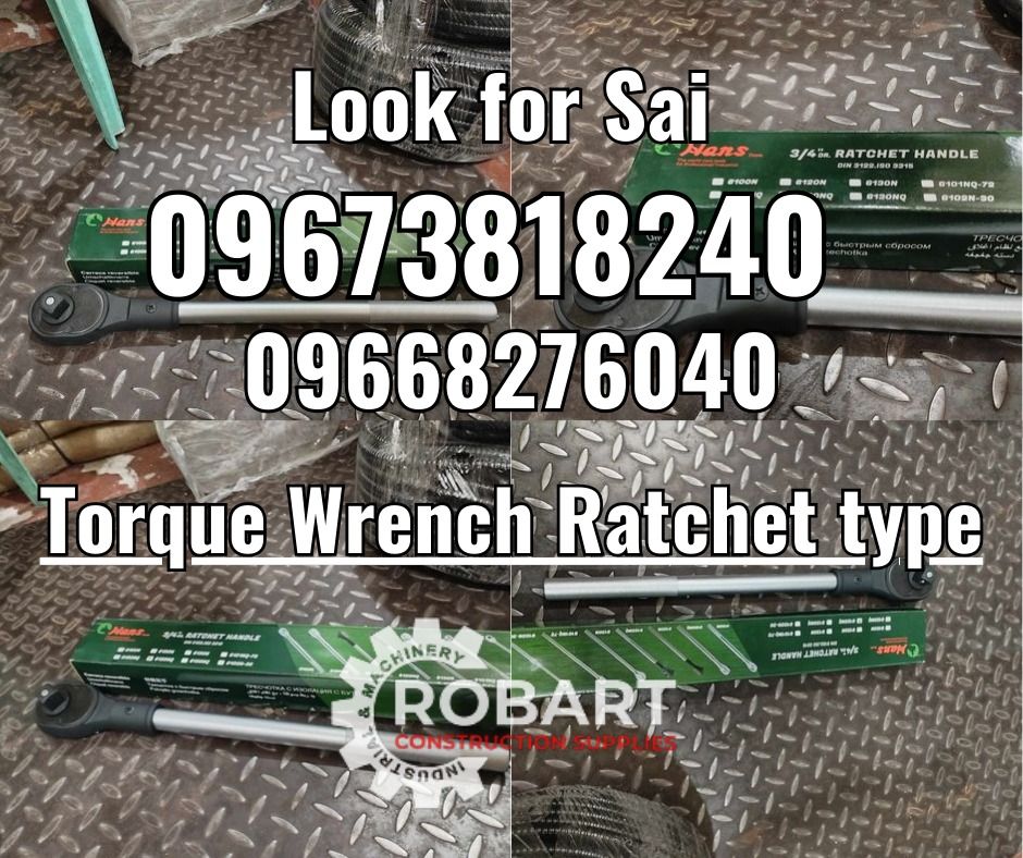 Torque Wrench Ratchet Type (Category: Construction Tools & Equipment) located in Manila. Submitted by robartehm (Listing ID 1319606790, Image 1). Description: Torque Wrench Ratchet type 3/4" drive x 18" Brand: HANS ROBART CONSTRUCTION SUPPLIES For inquiries: For FAST TRANSACTION: Sai Robart - 09673818240 / 09662708706 Vbr: Robart Sai - 09673818240 sairobart3@gmail. com Office Address: 1405 Yuseco St. Sta. Cruz Manila 7746-6248, 7216-7605 ,7002-28