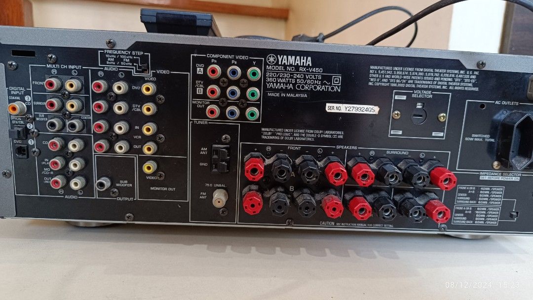 Yamaha AV Receiver (RX-V450) (Category: Soundbars, Speakers & Amplifiers) located in Pasig City. Submitted by richard.dg (Listing ID 1319592267, Image 2). Description: Notes: - Matagal hindi nagamit, kaya hindi ko alam kung maayos pa lahat ng functions. Kaya Im tagging this as "needs repair" to manage your expectations. - No audio cables included Specs: Yamaha RX-V450 Digital Home Theater Receiver 6.1 Channel, 510W Surround Sound (85W x 6) Dolby 