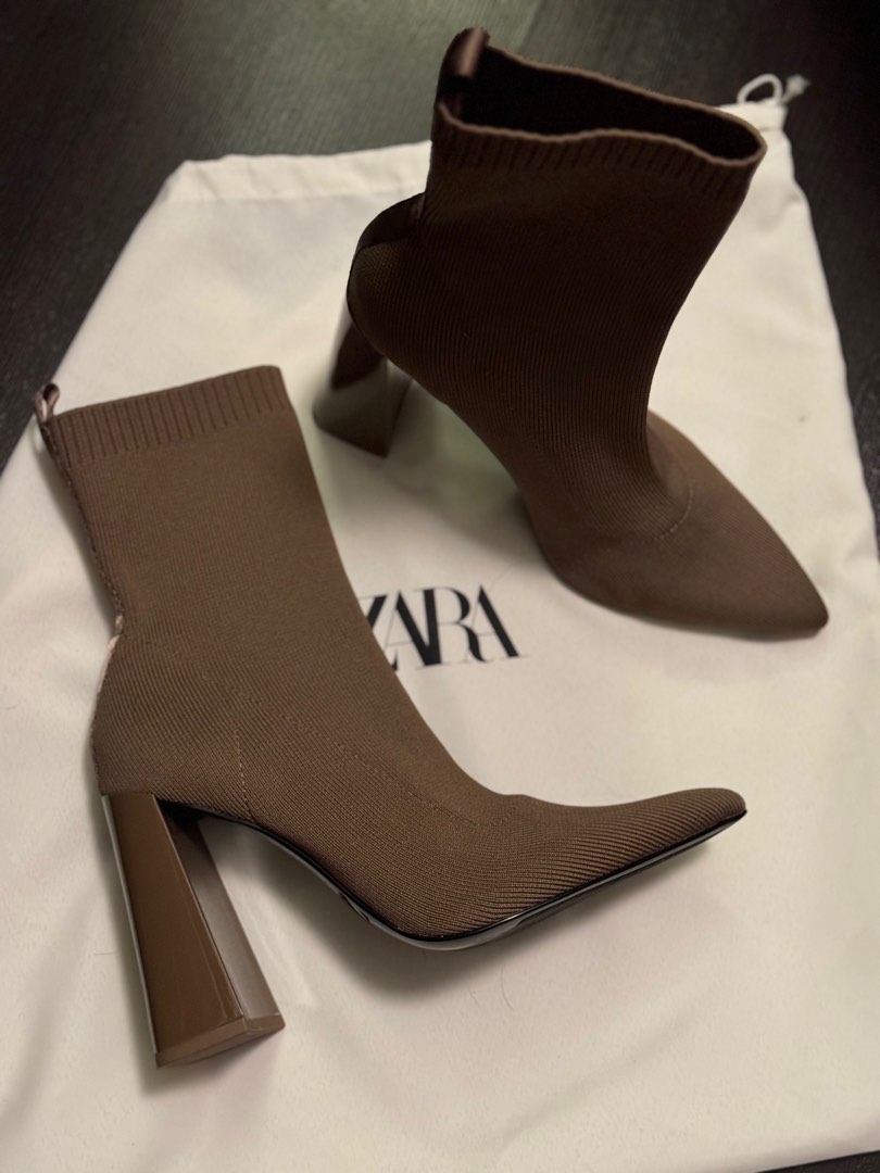 Zara Geometric Heeled Fabric Ankle Boots Beige Women s Fashion Footwear Boots on Carousell