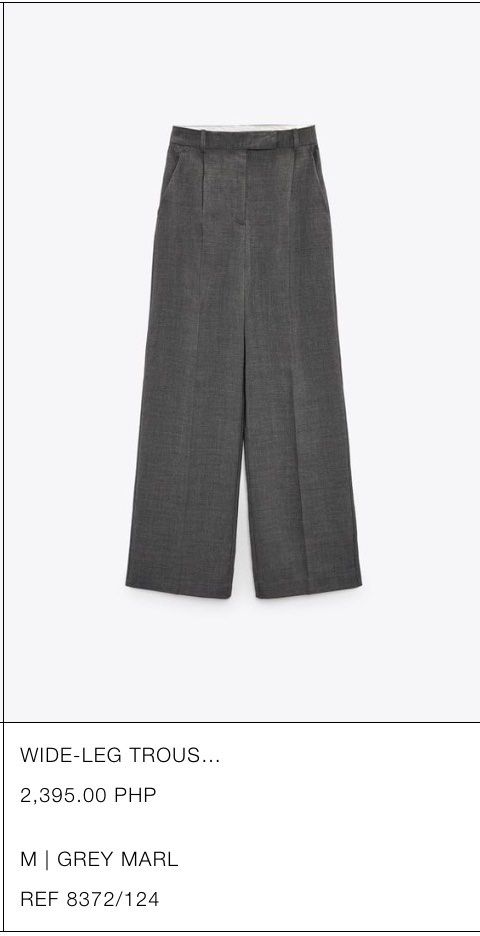 Zara grey wide leg trousers (Category: Other Bottoms) located in Quezon City. Submitted by decluttering456 (Listing ID 1319614137, Image 1). Description: Zara wide leg trousers Color: grey Rfs: barely use it.