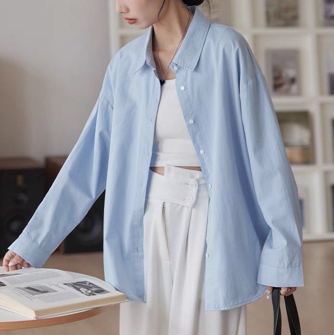 10 COLORS Linen Plain Button Down Long Sleeve Smart Collar Oversized Boyfriend Shirt
