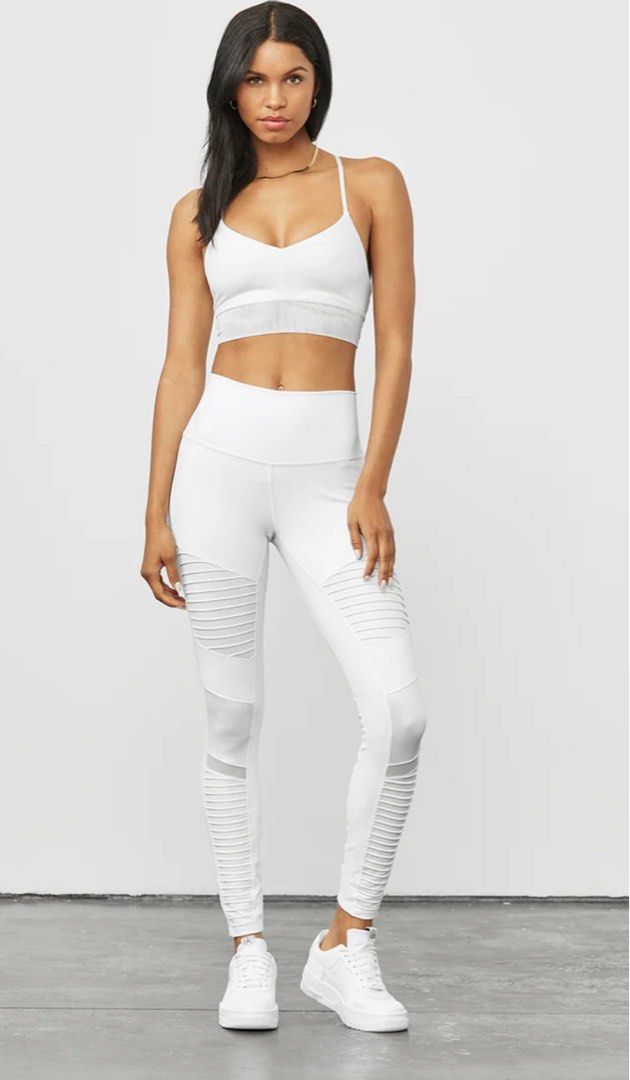 Alo yoga moto white legging pants Women s Fashion Activewear on Carousell