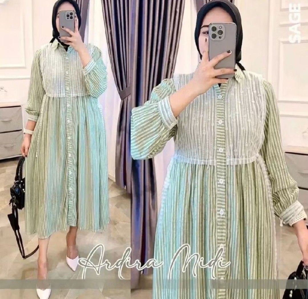 Ardiara MIDI Dress Katun Salur Dress Korean Style Fesyen Wanita Pakaian Wanita Gaun Rok di Carousell