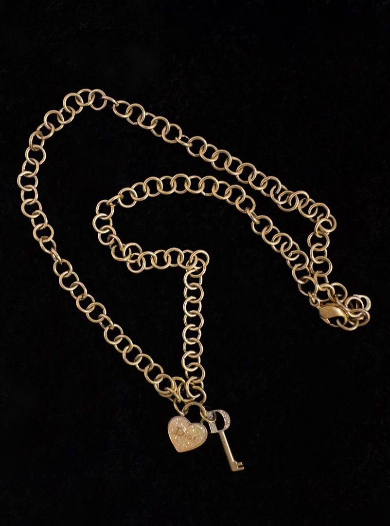 Authentic Vintage Christian Dior Rose Gold Sparkly Glitter Logo Heart Lock Key Necklace Women s Fashion Jewelry Organisers Necklaces on Carousell