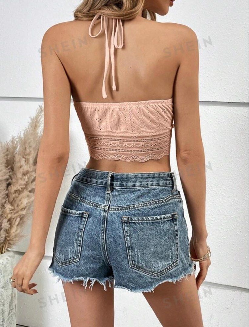 Frenchy Eyelet Embroidery Tie Backless Halter Top (Category: Sleeveless) located in Manila. Submitted by beaspreloved (Listing ID 1319821262, Image 2). Description: Size: S RFS: Order from SHEIN got delayed. I was not able to wear them. .