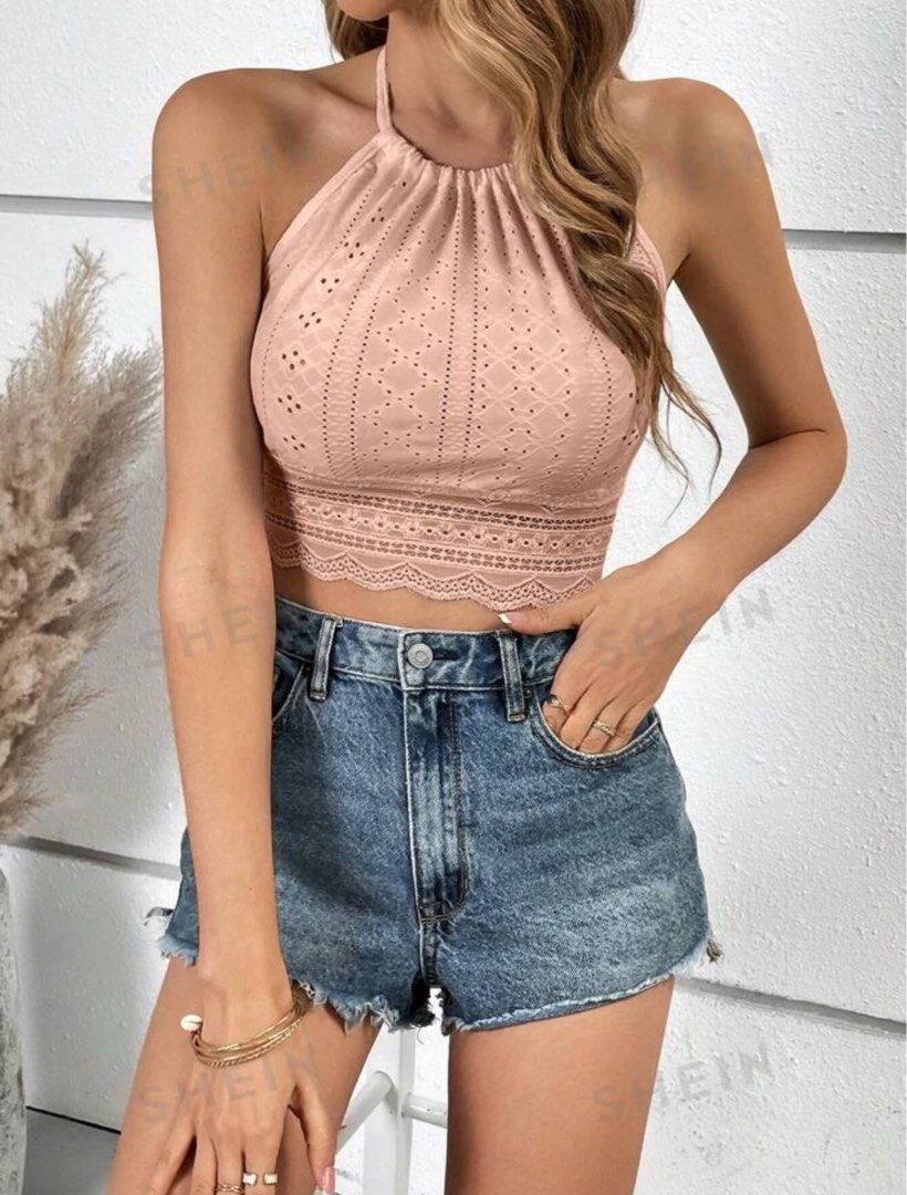 Frenchy Eyelet Embroidery Tie Backless Halter Top (Category: Sleeveless) located in Manila. Submitted by beaspreloved (Listing ID 1319821262, Image 3). Description: Size: S RFS: Order from SHEIN got delayed. I was not able to wear them. .