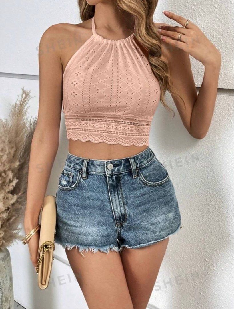 Frenchy Eyelet Embroidery Tie Backless Halter Top (Category: Sleeveless) located in Manila. Submitted by beaspreloved (Listing ID 1319821262, Image 1). Description: Size: S RFS: Order from SHEIN got delayed. I was not able to wear them. .