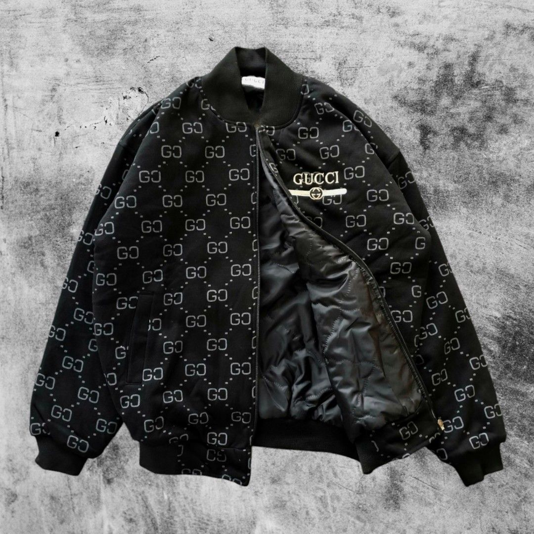 Jaket Varsity Gucci Full Print Logo Zipper Hitam