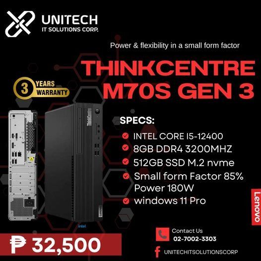 LENOVO DESKTOP THINKCENRE M70S GEN 3 (Category: Desktops) located in Manila. Submitted by crisantow (Listing ID 1319790373, Image 1). Description: LENOVO DESKTOP THINKCENRE M70S GEN 3 PHP 32,500 I5-12TH GEN 8GB DDR4 RAM (Up to 64 GB DDR4) 512GB NVME M.2 SSD (Up to 1TB M.2 PCIe SSD Gen4) Integrated Intel® UHD Graphics 770 Integrated ENTHERNET Internal Speaker Windows 11 PRO Small Form Factor 85% Power 180W 11x HDMI 2.1 TMDS • 2x DisplayPort™ 1.4 •