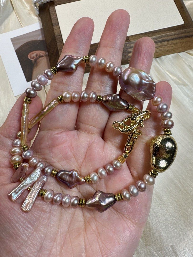 Metallic Purple Freshwater Pearl Necklace Big Baroque Pearl Natural Flaws Lustrous Stick Shaped Pearl Lute Pearl Women s Fashion Jewelry Organisers Necklaces on Carousell