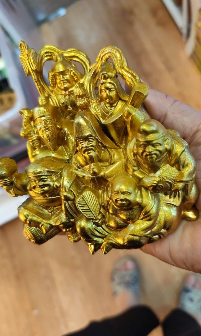 日本七福神鍍金雕像 大黑天惠比壽, 七福神純錫鍍金像，帶名家底款，長寬高12/9/11厘米
