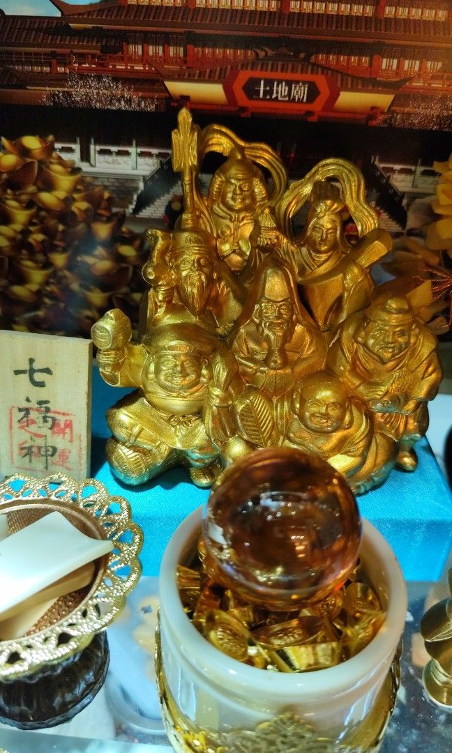 日本七福神鍍金雕像大黑天惠比壽七福神純錫鍍金像，帶名家底款，長寬高12/9/11厘米, 興趣及遊戲, 收藏品及紀念品, 宗教物品-