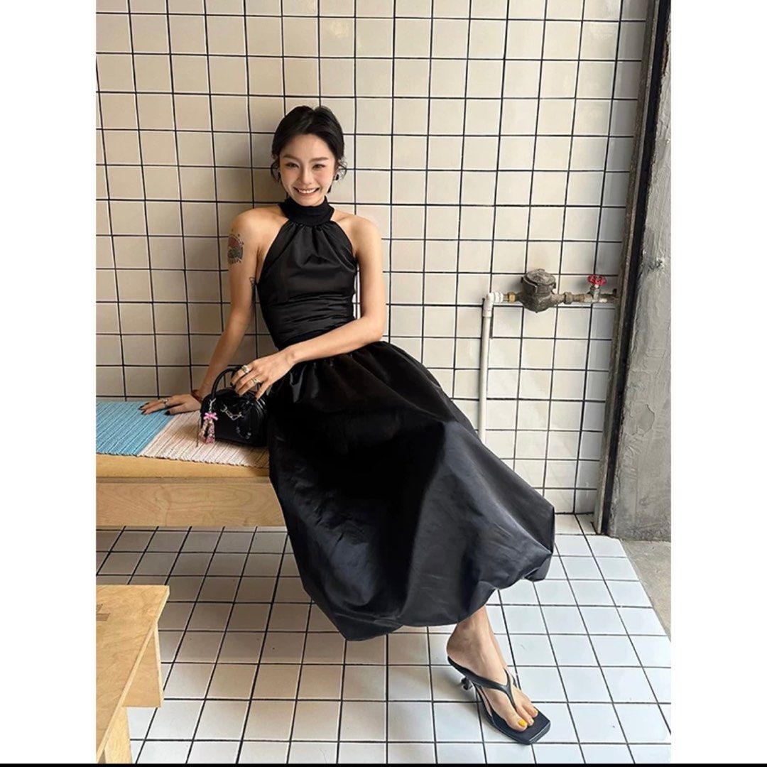 Black halter neck dress top and bottom set Carousell