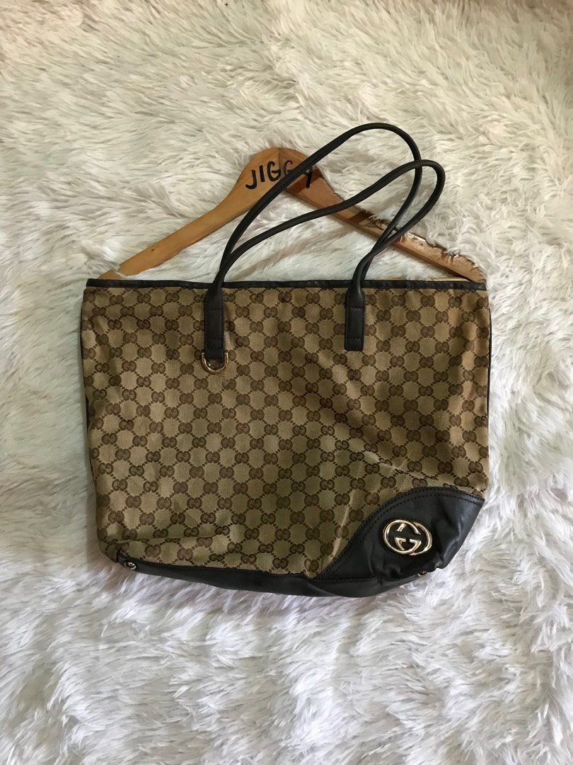 GUCCI New Britt GG Canvas Leather Tote Bag Beige Brown 169945