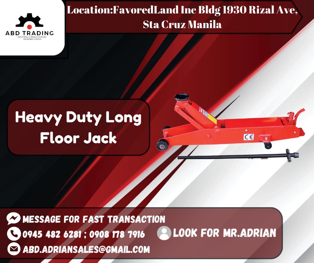 Heavy Duty Long Floor Jack (Category: Construction Tools & Equipment) located in Manila. Submitted by _abdtrading (Listing ID 1319946321, Image 1). Description: Heavy Duty Long Floor Jack ABD CONSTRUCTION SUPPLIES TRADING DTI Registered & BIR Accredited 💯 -🛠️Machinery -🛠️Tools -🛠️Electrical -🛠️Industrial & Construction Materials -🛠️Fittings -🛠️Personal Protective Equipment 🚴-Pick up, Delivery or Shipping courier. 📍 Location: FavoredLand 