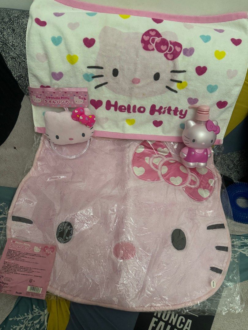 Hello kitty bath accesories (Category: Bath) located in Antipolo. Submitted by kawaiikeepsake (Listing ID 1319907705, Image 1). Description: Brandnew Bath rug -900 (SOLD) Like new Liquid pump - 580 Hand towel - 650 Brandnew Hand towel holder-450.