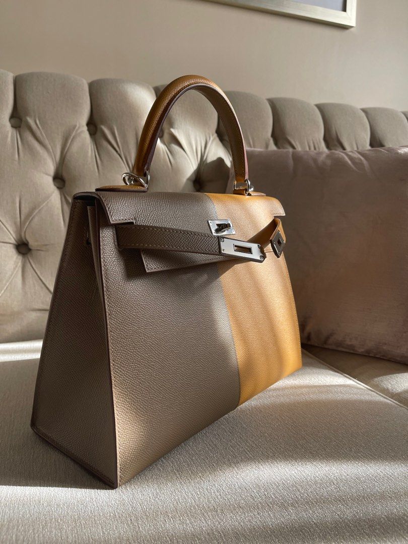 Hermes Kelly 28 Casaque (Blue Box) (Category: Luxury Bags & Wallets) located in San Juan City. Submitted by charleschanhs (Listing ID 1319942674, Image 3). Description: Hermes Kelly Casaque Bag 28 Sellier Etoupe/Sesame/Blue Indigo Epsom Leather Palladium Hardware .