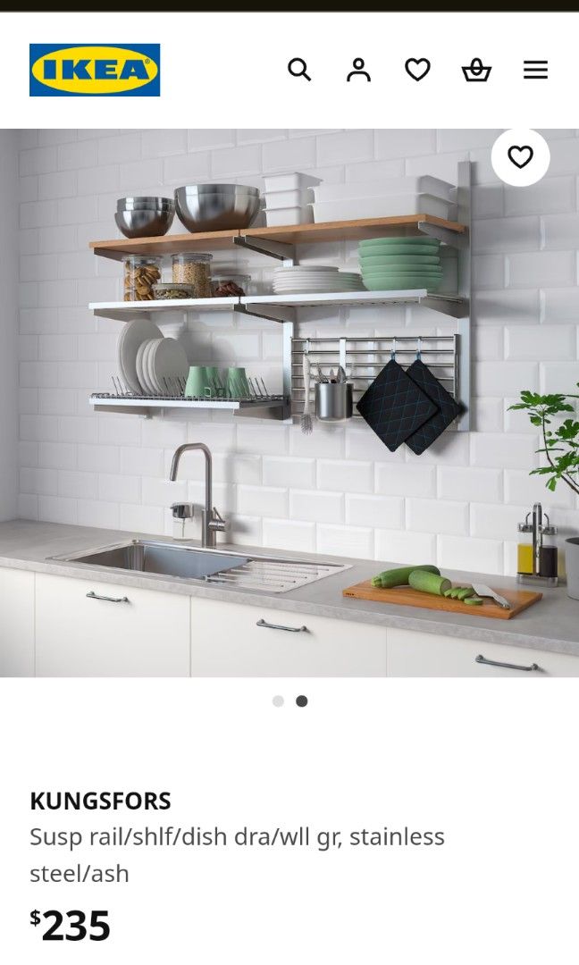 IKEA KUNGSFORS kitchen shelf Susp rail/shlf/dish dra/wll gr, stainless