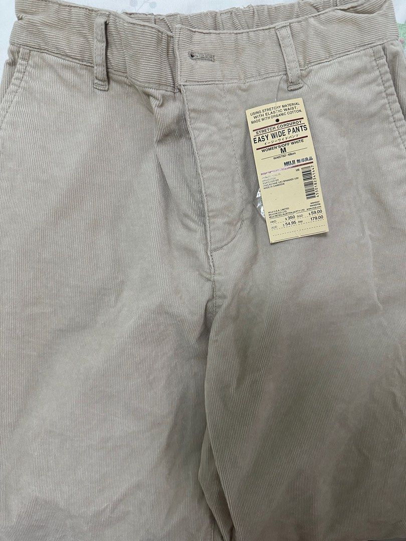 MUJI Stretch Corduroy Easy Wide Pants (Off-white), Women's Fashion