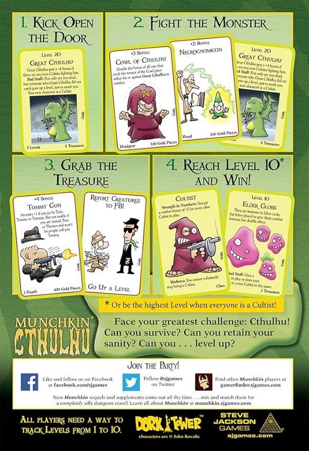 Munchkin Cthulhu board game (Category: Board Games & Puzzles) located in Quezon City. Submitted by whizdepot (Listing ID 1319908133, Image 3). Description: Munchkins have hacked their way through dungeons, kung fu temples, starships, haunted houses, and super-foes. Now they face their greatest challenge – Cthulhu! Will they survive? Will they retain their sanity? Will they...level up? Munchkin Cthulhu is a standalone game in the Munchkin universe