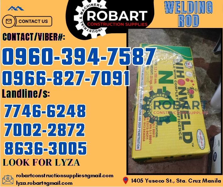 Nihonweld Welding Rod (Category: Construction Tools & Equipment) located in Manila. Submitted by lyzarobart11 (Listing ID 1319929888, Image 1). Description: Nihonweld Welding Rod 6011 3.2mm 20kg 𝑹𝑶𝑩𝑨𝑹𝑻 𝑪𝑶𝑵𝑺𝑻𝑹𝑼𝑪𝑻𝑰𝑶𝑵 𝑺𝑼𝑷𝑷𝑳𝑰𝑬𝑺 𝒪𝒻𝒻𝒾𝒸𝑒 𝒜𝒹𝒹𝓇𝑒𝓈𝓈: 𝟣𝟦𝟢𝟧 𝒴𝓊𝓈𝑒𝒸𝑜 𝒮𝓉. 𝒮𝓉𝒶 𝒞𝓇𝓊𝓏 𝑀𝒶𝓃𝒾𝓁𝒶 ꜱᴇɴᴅ ᴜꜱ ᴍᴇꜱꜱᴀɢᴇ ꜰᴏʀ ɪɴQᴜɪʀɪᴇꜱ ‼️ ‼️ ɢʟᴏʙᴇ: (0966-827-7091) ꜱᴍʀᴛ - (0960-394-7587) ᴠɪʙʀ - (0960-394-7587) ʟᴀɴᴅʟɪɴᴇ: