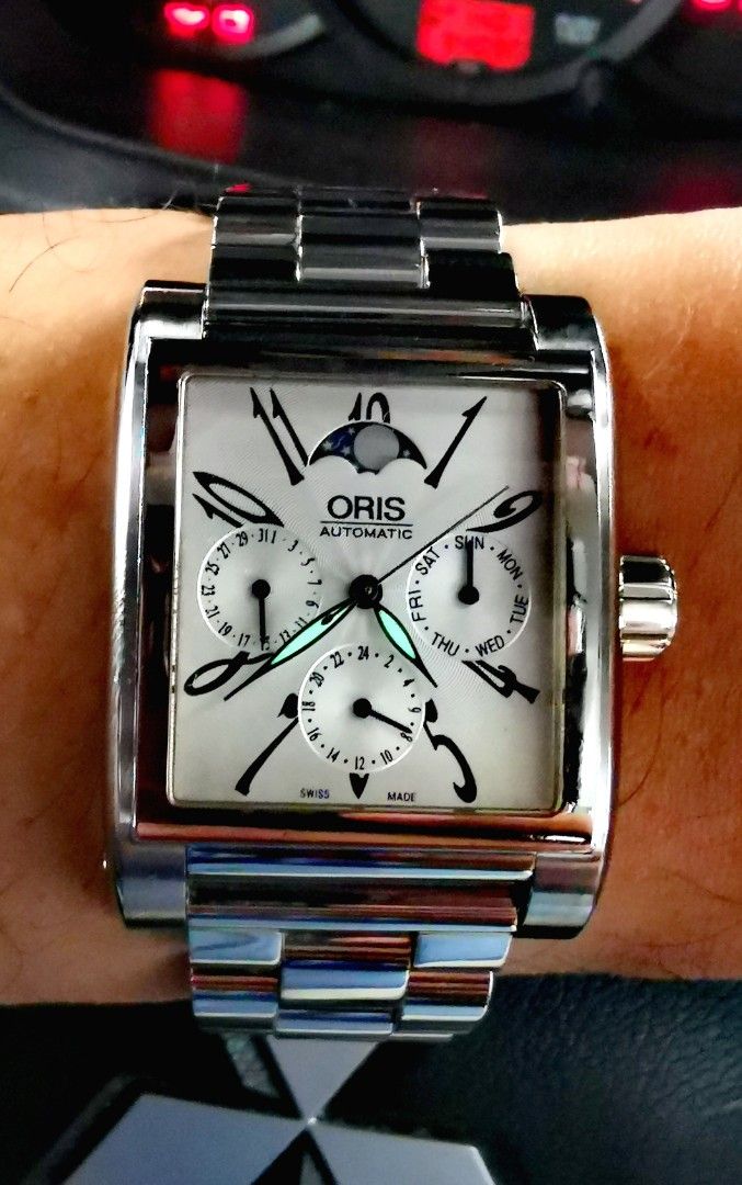 Oris Rectangular Moonphase Complication 34MM Automatic GMT Rare 💯%Authentic (Category: Luxury Watches) located in Mandaluyong City. Submitted by nwatch.ph (Listing ID 1319889784, Image 1). Description: Very Good Condition Size 34MM X 45MM 9/10 Rating Moonphase Complication Automatic GMT Dual Time Sapphire Crystal Watch Only & Authenticity Card Swiss Made 💯%Authentic or Money Back Thanks Admin🙏🙏🙏❤️❤️❤️.