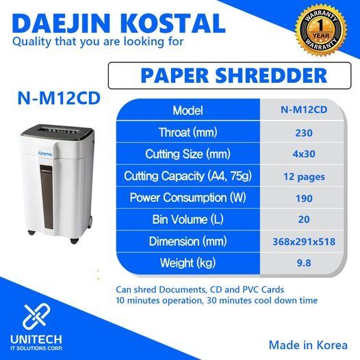 PAPER SHREDDER MACHINE (Category: Office & Business Technology) located in Manila. Submitted by crisantow (Listing ID 1319942941, Image 1). Description: 📎 PAPER SHREDDER MACHINE FOR SALE 📑📑📑 📎 FOR OFFICE & PERSONAL USE 💸₱ 12,900 Model: Daejin Kostal N-M12CD •Shredding Capacity: 12 sheets (A4,70g) •Shred Speed: 2-3 seconds •Security Level: P6-Cross Cut 4x30 (mm) •Throat Length: 230 (mm) •Basket Volume: 20 Liters •W/D/L: 368 x 291 x 518 (mm) 