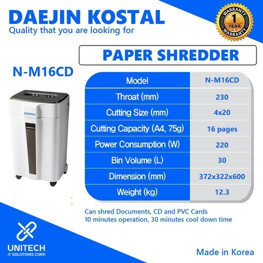 PAPER SHREDDER MACHINE (Category: Office & Business Technology) located in Manila. Submitted by crisantow (Listing ID 1319943298, Image 1). Description: 📎 PAPER SHREDDER MACHINE FOR SALE 📑📑📑 📎 FOR OFFICE & PERSONAL USE 💸₱17,000 Model: Daejin Kostal N-M16CD •Shredding Capacity: 16 sheets (A4,70g) •Shred Speed: 2-3 seconds •Security Level: P6-Cross Cut 4x30 (mm) •Throat Length: 230 (mm) •Basket Volume: 30 Liters •W/D/L: 372 x 322 x 600 (mm) •