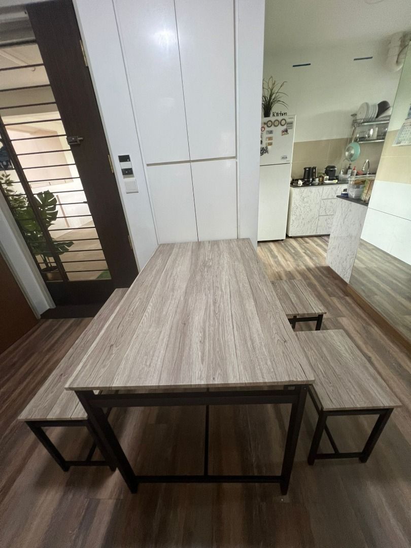 Dining Table (Category: Tables & Sets) located in Singapore. Submitted by les_conflict (Listing ID 1319897314, Image 2). Description: With 5 free cushion seats as seen in pictures Product Description - 1 x Table , 2 x stools , 1 x bench Table dimensions - Height: 75.3cm - Width: 120cm - Depth: 70cm Stool dimensions - Height: 45.3cm - Width: 40cm - Depth: 28cm Bench dimensions - Height: 45.3cm - Width: 98cm - Depth: 28cm.