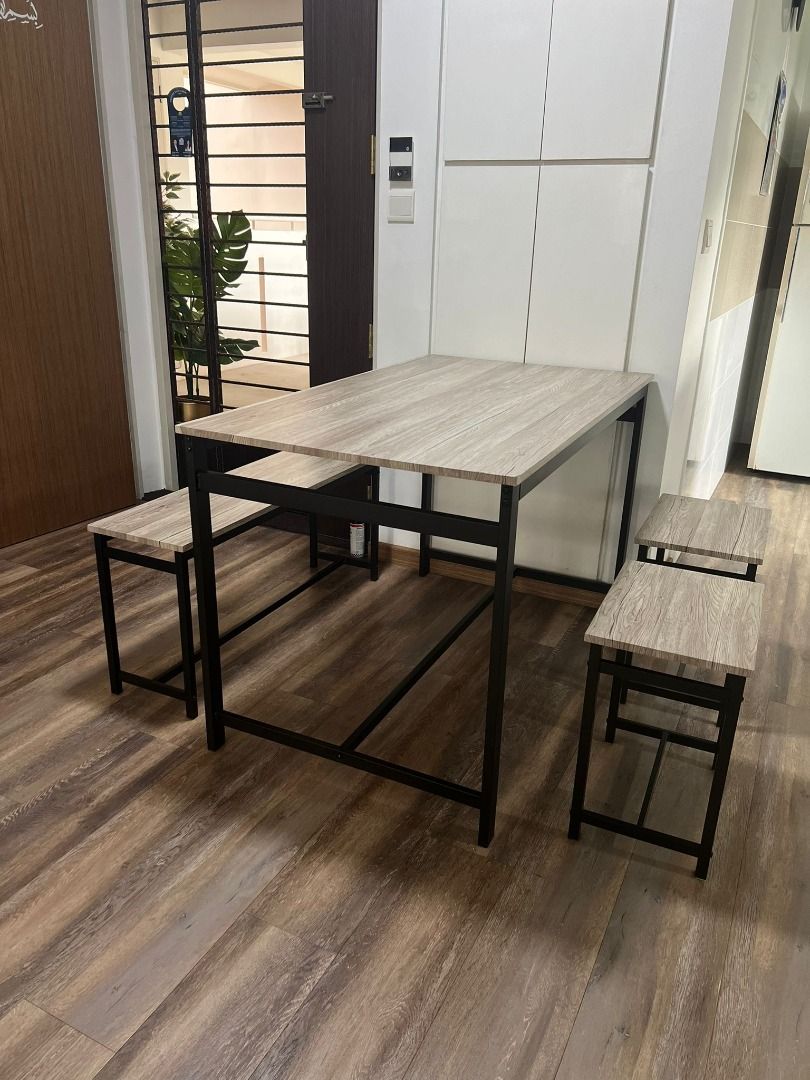 Dining Table (Category: Tables & Sets) located in Singapore. Submitted by les_conflict (Listing ID 1319897314, Image 3). Description: With 5 free cushion seats as seen in pictures Product Description - 1 x Table , 2 x stools , 1 x bench Table dimensions - Height: 75.3cm - Width: 120cm - Depth: 70cm Stool dimensions - Height: 45.3cm - Width: 40cm - Depth: 28cm Bench dimensions - Height: 45.3cm - Width: 98cm - Depth: 28cm.