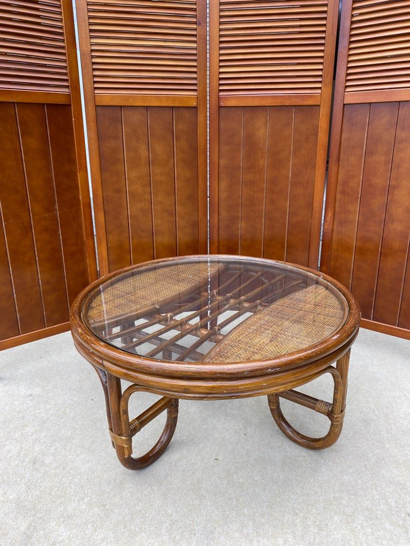 Rattan Round Center Table Glass Top, Furniture & Home Living, Furniture ...
