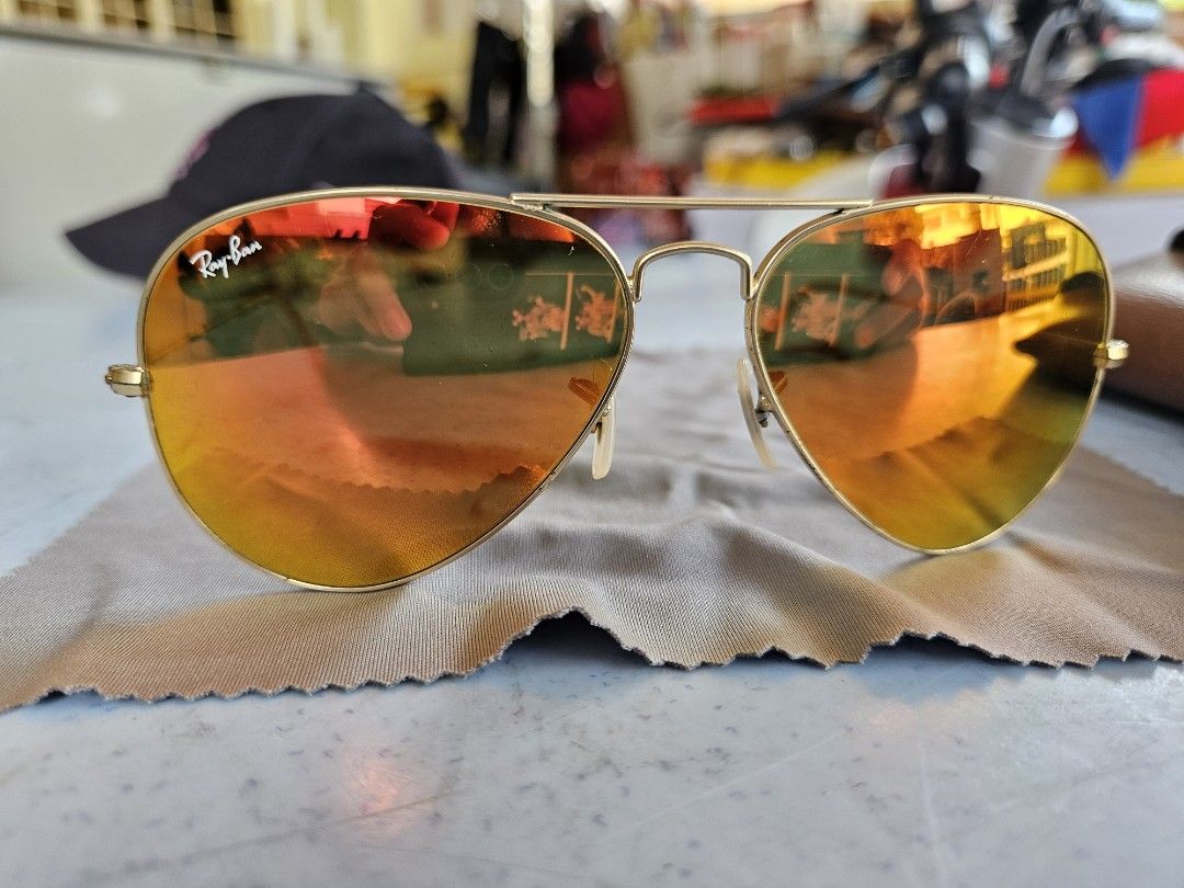 RAY BAN Pilot Classic Sunglasses Aviator Frame Flash Orange Lenses Polarized with wipe and box real authentic Luxury Accessories on Carousell