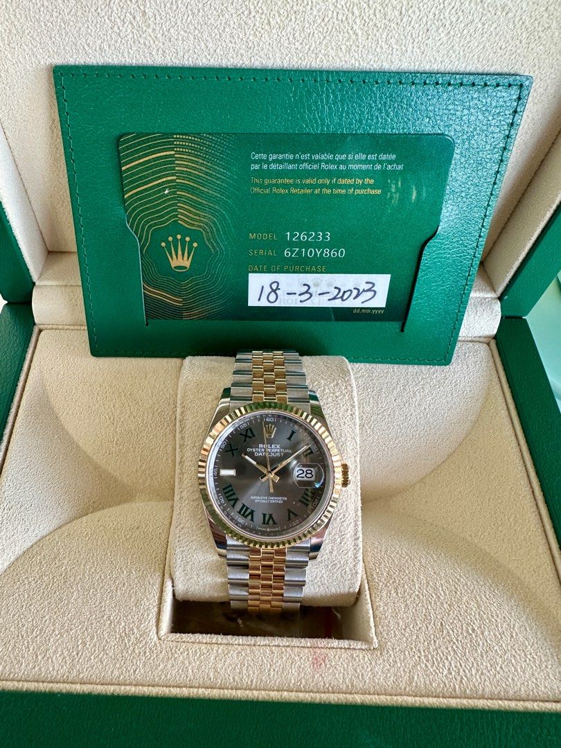 Rolex Datejust 36mm Wimbledon Dial 2023 (Category: Luxury Watches) located in Davao. Submitted by rayneebel (Listing ID 1319964508, Image 2). Description: In excellent condition.. Comes with box & cards.. *stainless steel bracelet & matetial *36mm case size *Yellow gold bracelet dial Grey dial with Roman hour markers (Wimbledon dial) .