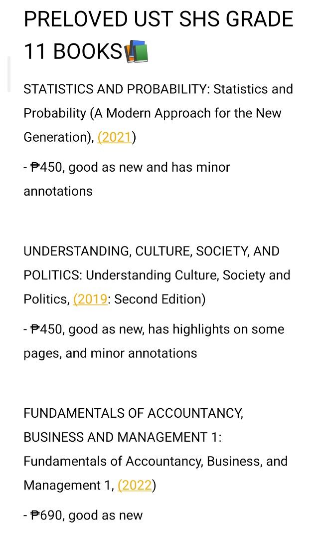 UST SHS: PRELOVED GRADE 11 ABM BOOKS (SECOND SEMESTER) (Category: Textbooks) located in Manila. Submitted by xhaan (Listing ID 1319909004, Image 1). Description: wts lfb ~ Hello freshies! I'm selling my preloved books preferably in budget friendly price🤗, the books have some minimal signs of usage but overall in good condition naman, if you're interested lmk!!🥰 mop💸: gcash/maya mod🚚: lalamove/can do meet ups around ust area 🏷️ust shs grade 1