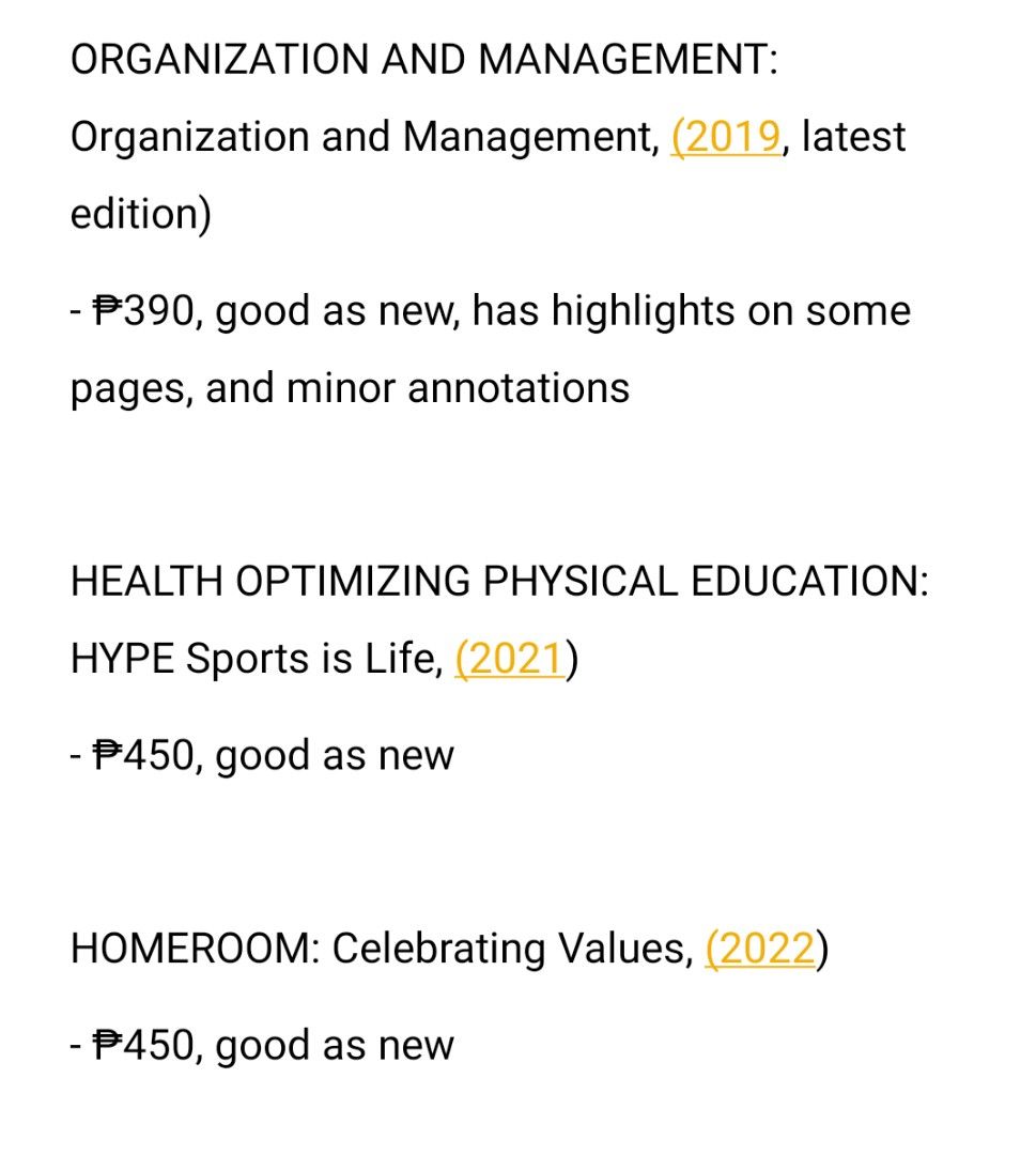 UST SHS: PRELOVED GRADE 11 ABM BOOKS (SECOND SEMESTER) (Category: Textbooks) located in Manila. Submitted by xhaan (Listing ID 1319909004, Image 2). Description: wts lfb ~ Hello freshies! I'm selling my preloved books preferably in budget friendly price🤗, the books have some minimal signs of usage but overall in good condition naman, if you're interested lmk!!🥰 mop💸: gcash/maya mod🚚: lalamove/can do meet ups around ust area 🏷️ust shs grade 1